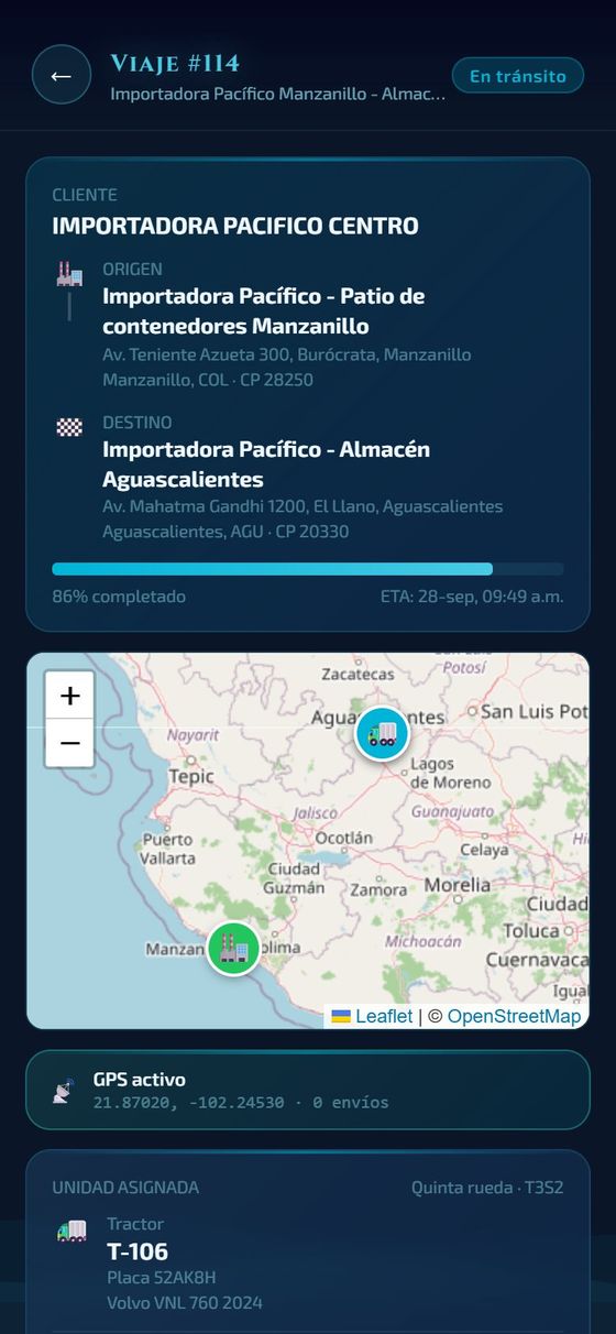 App del operador con el viaje asignado, la ruta en el mapa y los hitos del viaje.